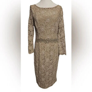 Jackie Jon New York Women Champagne Lace 3/4 Sleeve Beaded Dress, Size 12 Formal